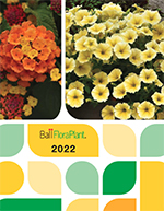 The cover of the 2022 Ball FloraPlant catalog features an orange lantana and yellow Bee's Knees petunia.