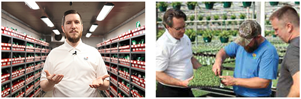 Nick Flax (left) stands in a seed storage area, while Todd Cavins (right) helps customers in the greenhouse.