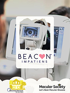 Image shows a vision-testing machine that measures the human eye. The photo contains the logos of Beacon Impatiens and the charitable organizations fighting low vision.
