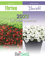 The cover of the new THRIVE FLOURISH brochure. It features red landscape flowers on the left and white petunias in a container on the right.
